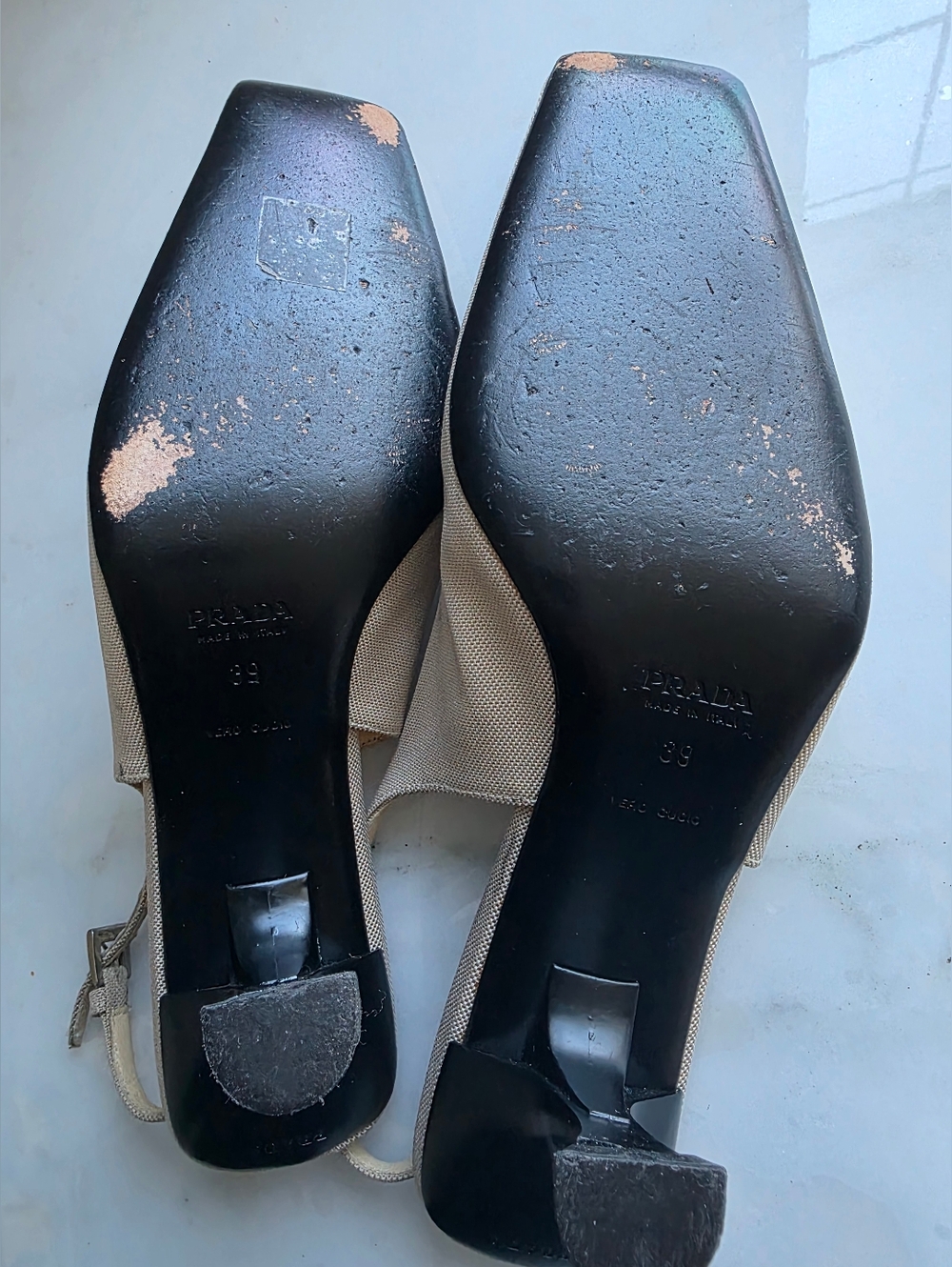 Prada Beige Slingback Heels Kitten Heel Square Toe Pumps Size 39 - Picture 6 of 6